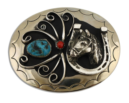 Navajo Horse Belt Buckle Nickle Silver Gemstone Handmade Native American C.80's