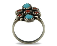 Navajo Ring 925 Silver Turquoise & Coral Handmade Native American Artist C.1980s