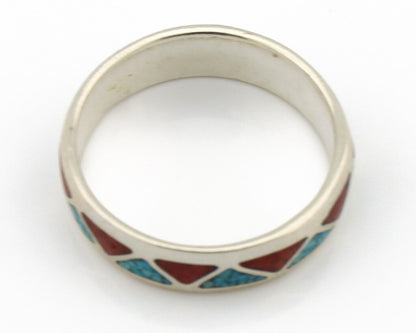 Navajo Chip Inlay Ring 925 Silver Sleeping Beauty Turquoise & Coral Silver Cloud