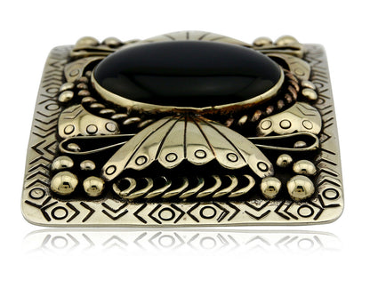 Navajo Handmade Belt Buckle .999 Nickle Silver Onyx Artist Signed Tipi C.80's