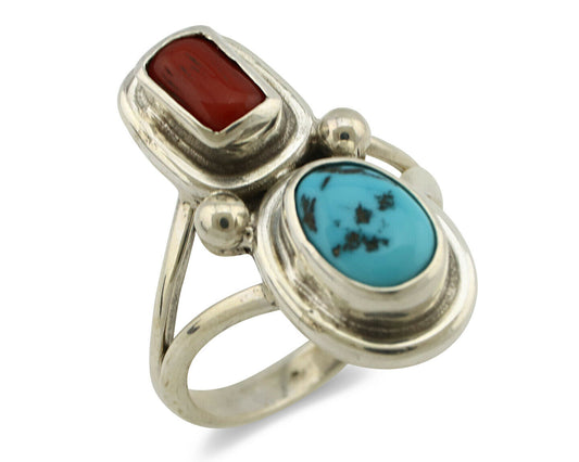 Navajo Ring .925 Silver Blue Turquoise & Red Coral Native American Artist C.80's