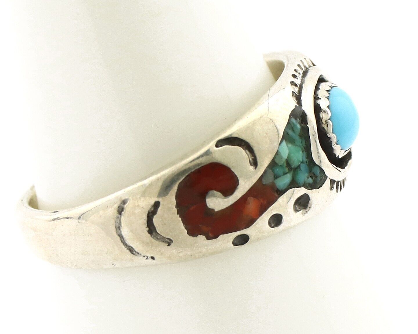 Navajo Handmade Ring 925 Silver Blue Turquoise & Coral Native American C.80's