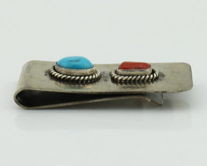 Navajo Money Clip 925 Silver & 999 Nickel Natural Turquoise & Coral Artist C80