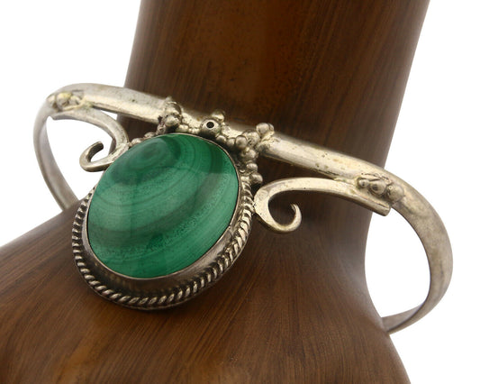 Navajo Bracelet .925 SOLID Silver Malachite Signed Artist IJC C.80's