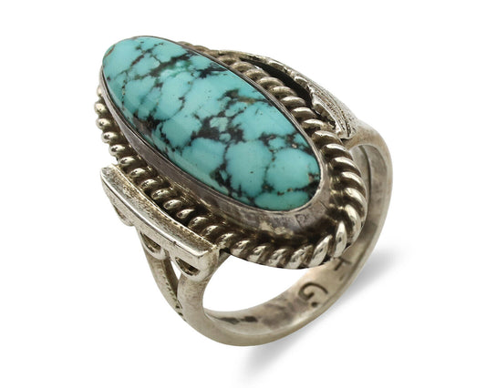 Navajo Ring .925 Silver Blue Spiderweb Turquoise Signed Fred Guerrero C.1980's