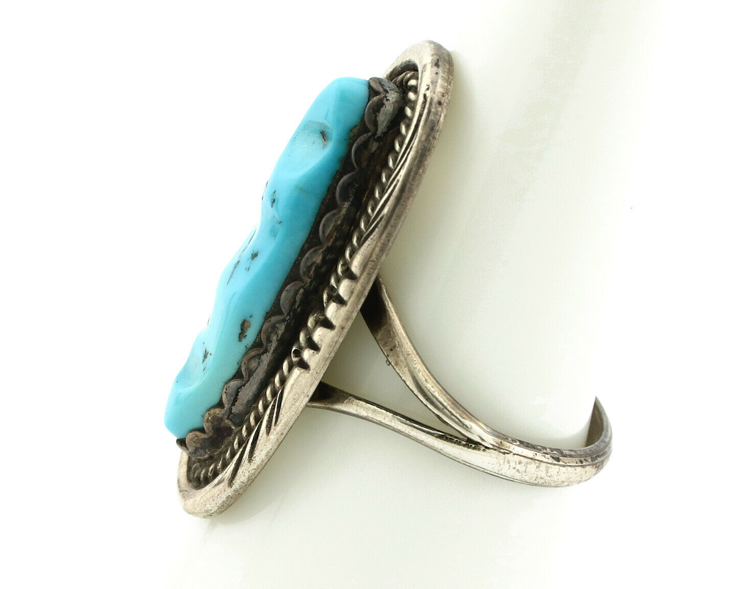 Zuni Ring .925 Silver Natural Hand Carved Turquoise Signed MS C.80's