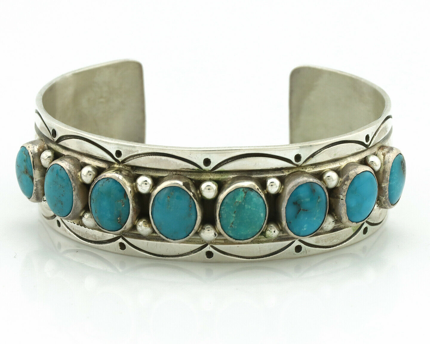 Navajo Bracelet .925 Silver Southwest Turquoise Artist Signed Leonard Jim C.80's