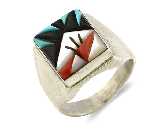 Zuni Ring .925 Silver Inlaid Gemstones Handmade Signed Artist LGL C.80's