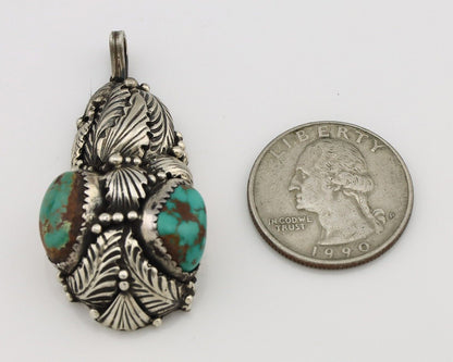 Navajo Pendant 925 Silver Natural Mined High Grade Turquoise Signed Tom Willeto