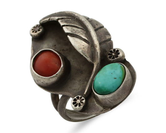 Navajo Handmade Ring 925 Silver Turquiose & Coral Native American Artist C60-70s