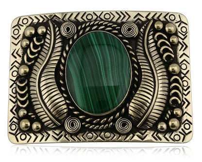 Navajo Handmade Belt Buckle .999 Nickle Silver Malachite Artist Signed Tipi C80s