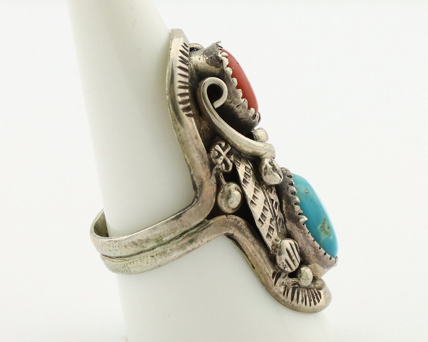 Navajo Ring 925 Silver Blue Turquiose & Mediterranean Coral Native Artist C.80's