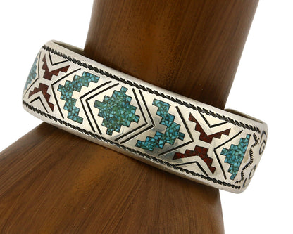 Navajo Bracelet .925 Silver Turquoise & Coral Cuff Signed Stanley Bain C.80's