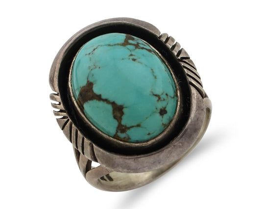 Navajo Ring 925 Silver Natural Blue Turquoise Artist Signed Pictograph C.80's