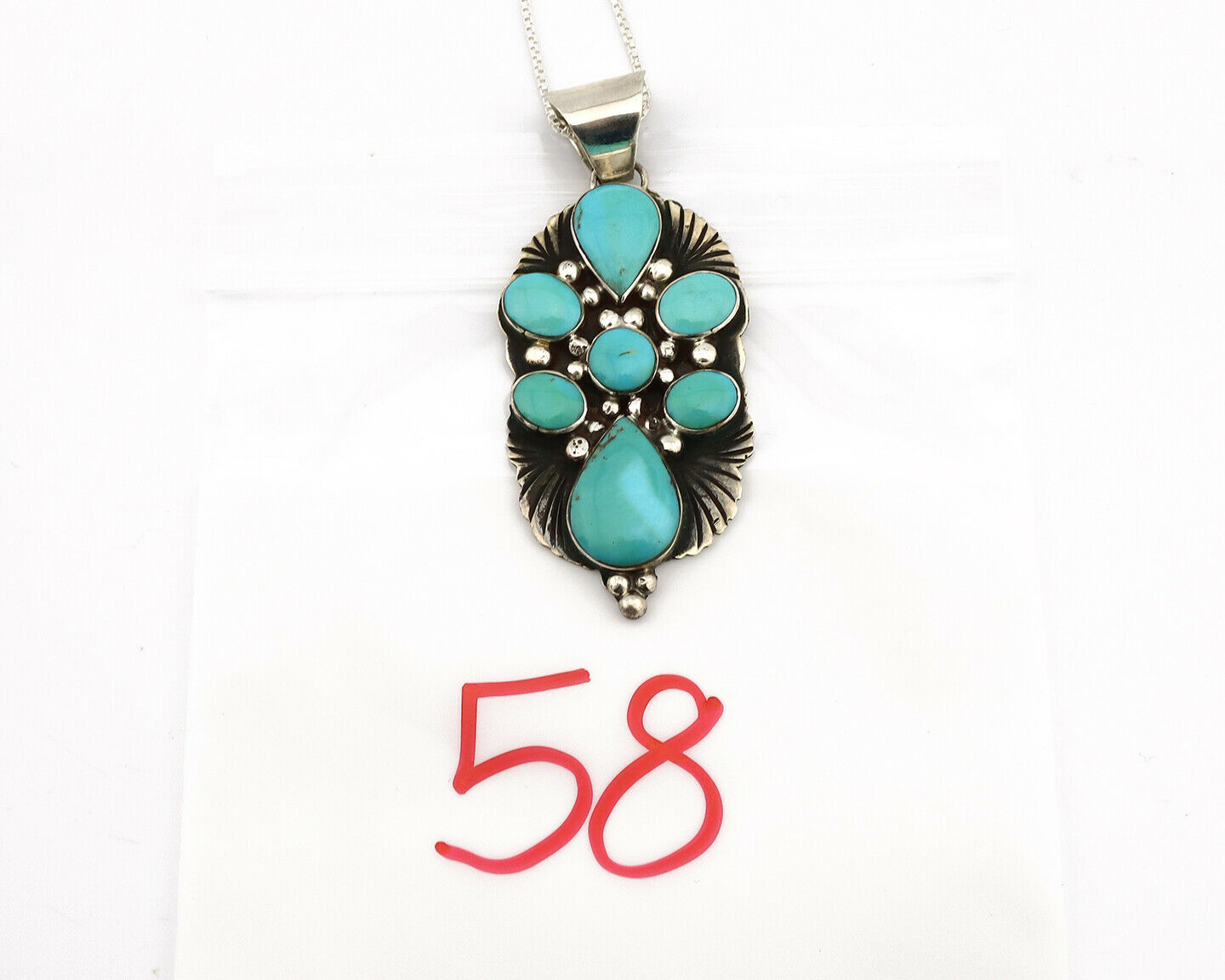 Navajo Necklace .925 Silver Kingman Turquoise Signed LJ C.1980's