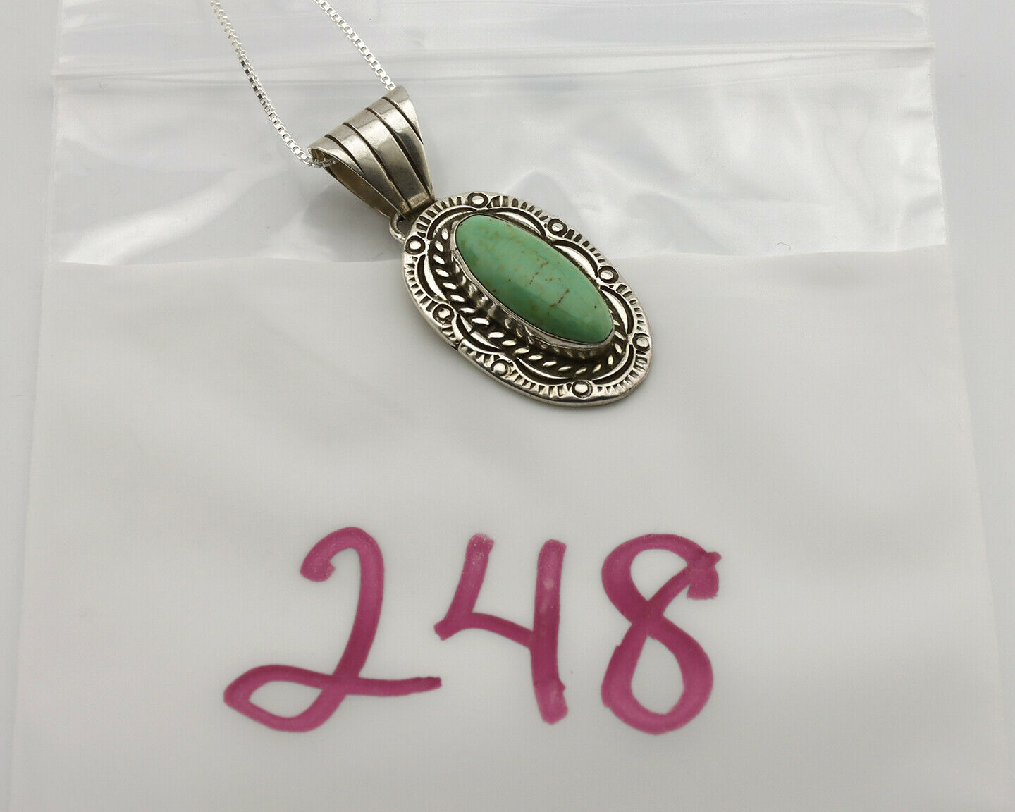 Navajo Necklace .925 Silver Green Turquoise Signed JP C.1980's