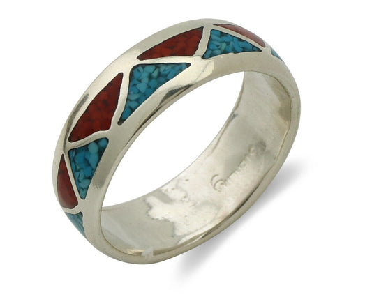 Navajo Chip Inlay Ring 925 Silver Sleeping Beauty Turquoise & Coral Silver Cloud