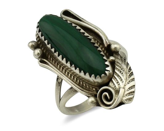 Navajo Ring 925 Silver Natural Green Malachite Signed Justin Morris C.80's