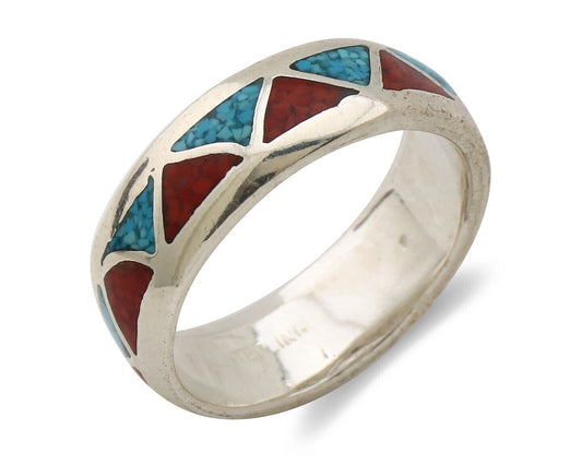 Navajo Chip Inlay Ring 925 Silver Sleeping Beauty Turquoise & Coral Silver Cloud