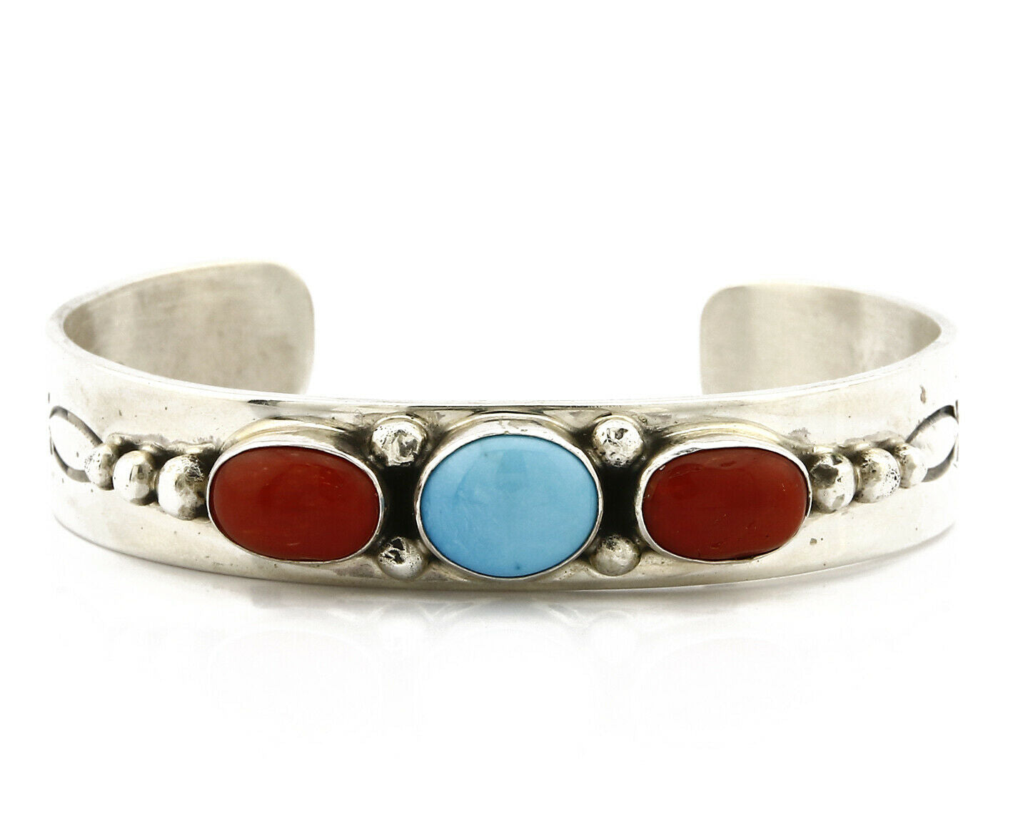 Navajo Bracelet .925 Silver Coral Turquoise Cuff Signed L. James C.80's