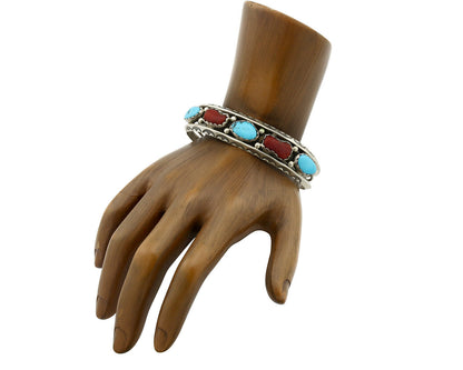 Navajo Bracelet .925 Silver Turquoise & Coral Artist Larry Moses Begay C.90's