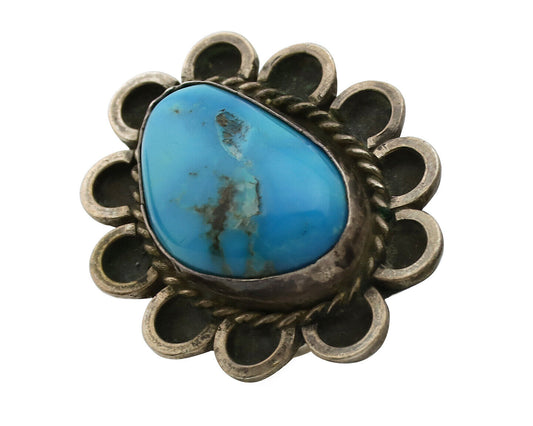 Navajo Ring .925 Silver Globe Turquoise Hand Stamped Native American Artist C80s