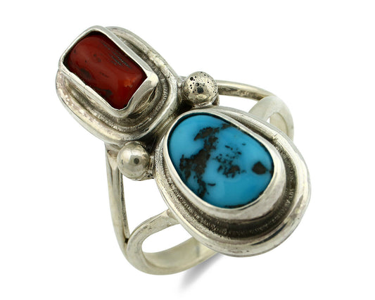 Navajo Ring .925 Silver Red Coral & Blue Turquoise Native Artist C.80's