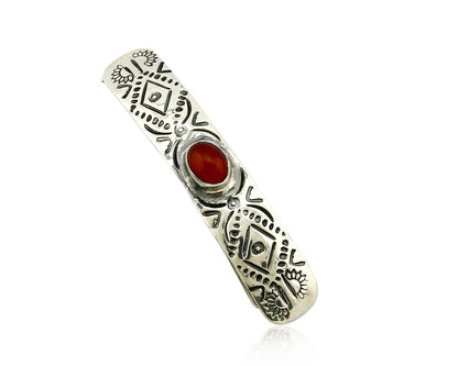 C1990s Navajo Natural Carnelian Agate Hand Stamped 925 Silver Handmade Hair Clip