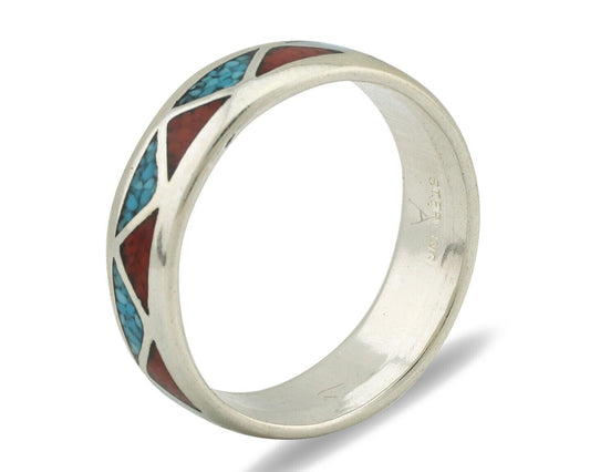Navajo Ring 925 Silver Natural Turquoise & Coral Native American Artist C.80's