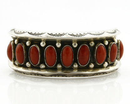 Navajo Bracelet .925 Silver Natural Calibrated Coral Old Pawn Handmade Cuff C80s