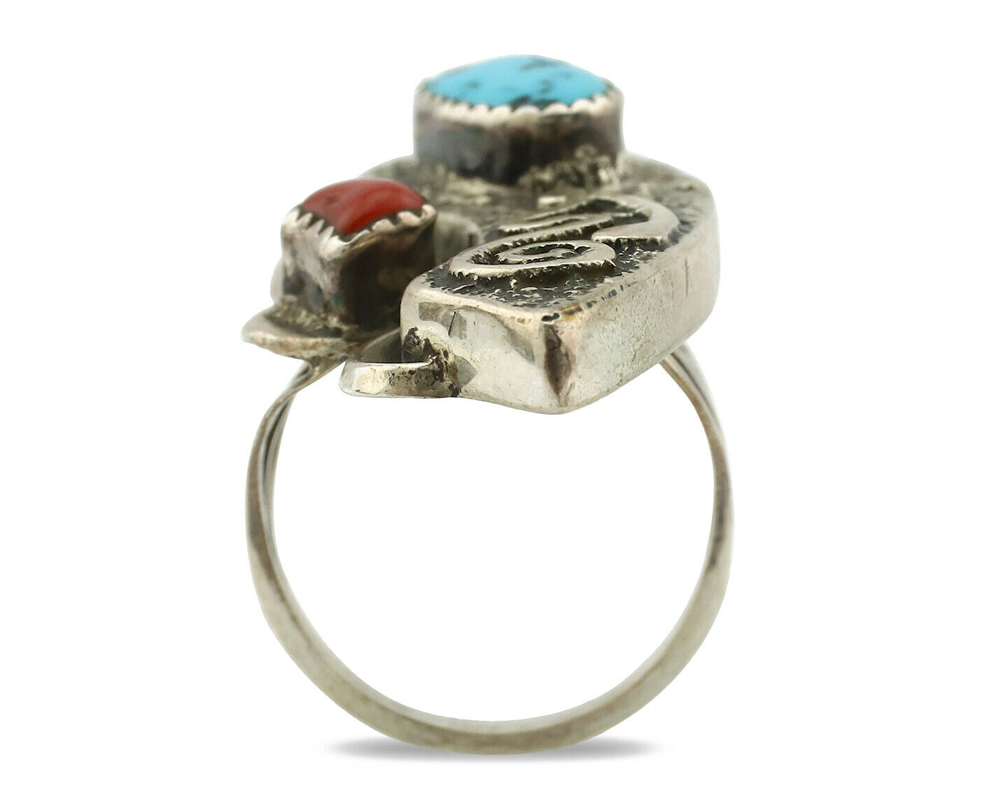 Navajo Ring .925 Silver Turquoise & Coral Native American Artist C.1980's