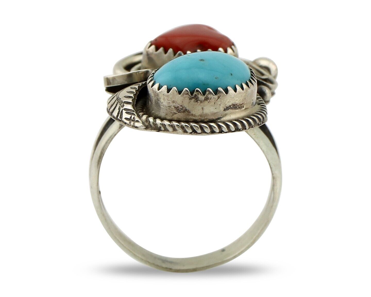 Navajo Ring 925 Silver Blue Turquiose & Coral Artist Signed Justin Morris C.80's