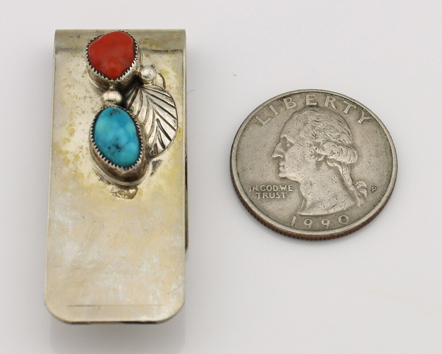 Navajo Money Clip 925 Silver 999 Nickel Coral Turquoise Artist Signed Reeves C80