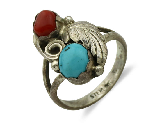 Navajo Ring .925 Silver Turquoise & Coral Native American Artist C.1980's