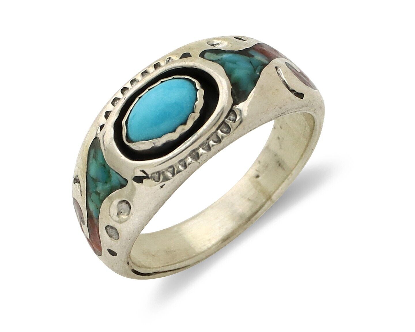 Navajo Handmade Ring 925 Silver Blue Turquoise & Coral Native American C.80's