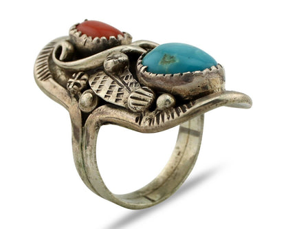 Navajo Ring 925 Silver Blue Turquiose & Mediterranean Coral Native Artist C.80's