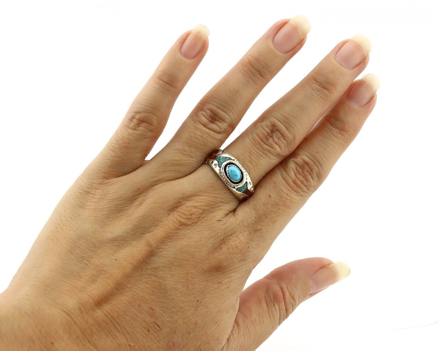 Navajo Inlay Band Ring 925 Silver Turquoise & Coral Native Artist C.80's