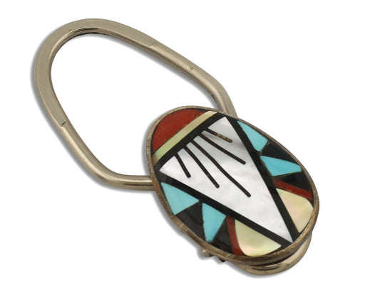 Zuni Key Chain .925 Silver Inlaid Gemstones Artist Signed JQB C.80's