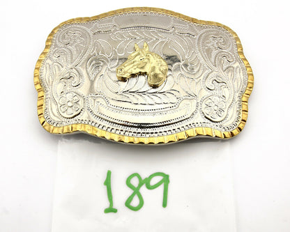 Engravable Large Country Horse Belt Buckle .999 Nickle Silver Gold Trim C.80's