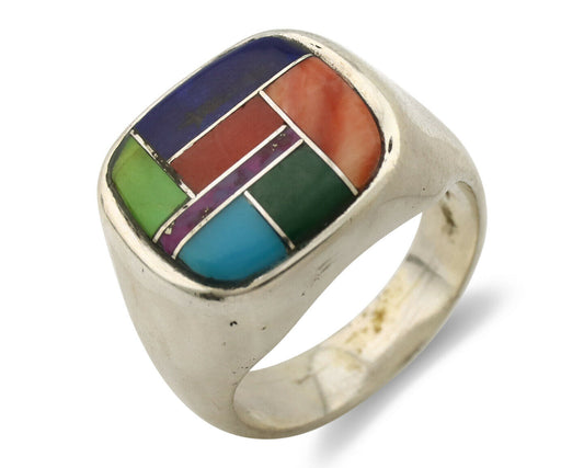 Navajo Inlaid Ring .925 Silver Gemstone Artist Native American C.1980's