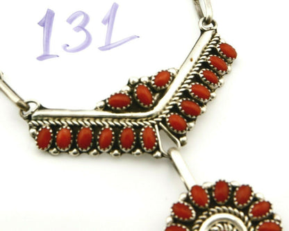 Women's Navajo Necklace .925 Silver Red Coral Handmade Signed NH 19 in Length