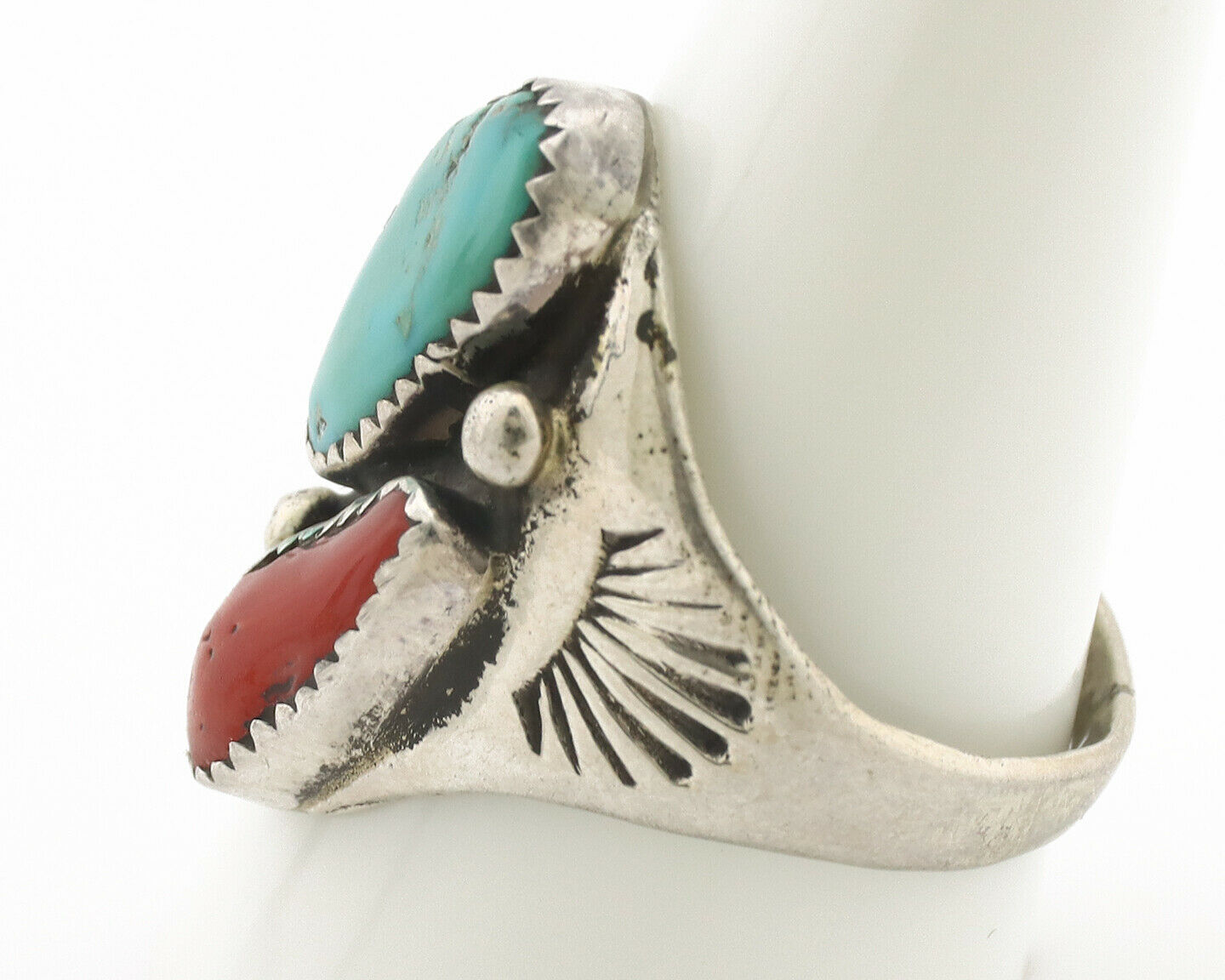 Zuni Ring .925 Silver Natural Turquoise & Coral Native American Artist C.1980's