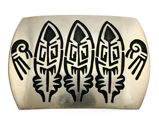 Navajo Sand Cast Belt Buckle .925 Silver Hand Stamped Artist Signed AA C.80's