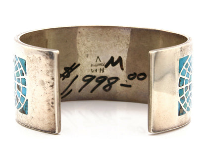 Navajo Bracelet .925 Silver Blue Arizona Turquoise Signed WH C.80's