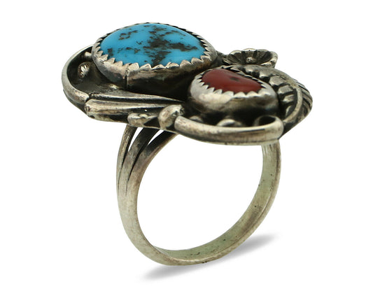 Navajo Ring .925 Silver Turquoise & Coral Artist Signed Thomas Singer C.80's