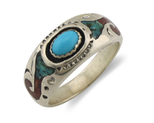 Navajo Handmade Ring 925 Silver Blue Turquoise & Coral Native American Artist