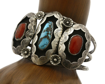 Navajo Bracelet .925 Silver Turquoise & Coral Old Pawn Native American Cuff C80s