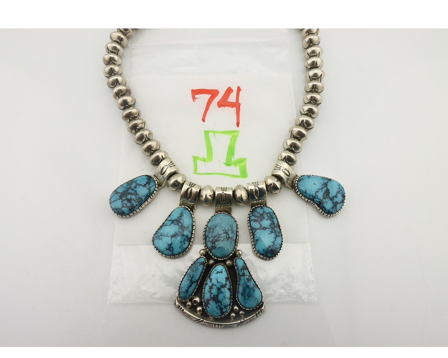 Navajo Necklace 925 Silver Blue Spiderweb Turquoise Signed CD C.80's