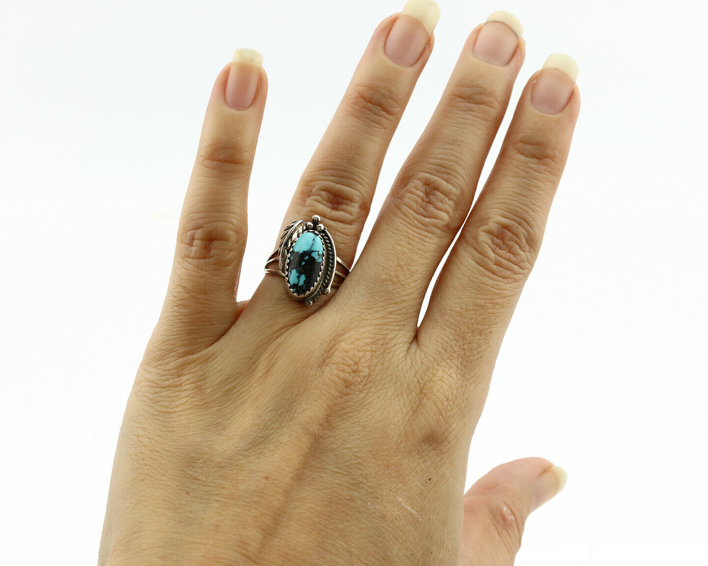 Navajo Ring .925 Silver Spiderweb Turquoise Artist Signed Fire C.1980's