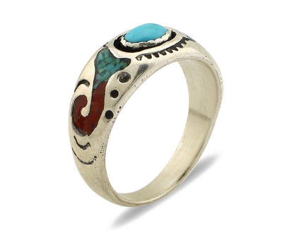 Navajo Handmade Ring 925 Silver Blue Turquoise & Coral Native American C.80's